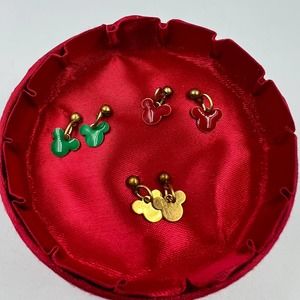 Vintage Disney Co Mickey Mouse 3 Set Red Green Gold Dangle Stud Earrings W Box